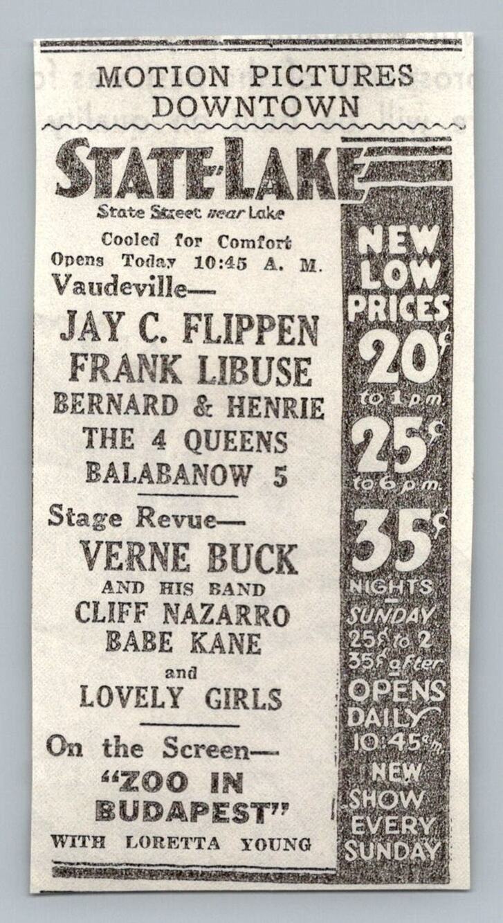1933 State Lake Theater Chicago Vaudeville Revue Movie Ad Loretta Young Jay C